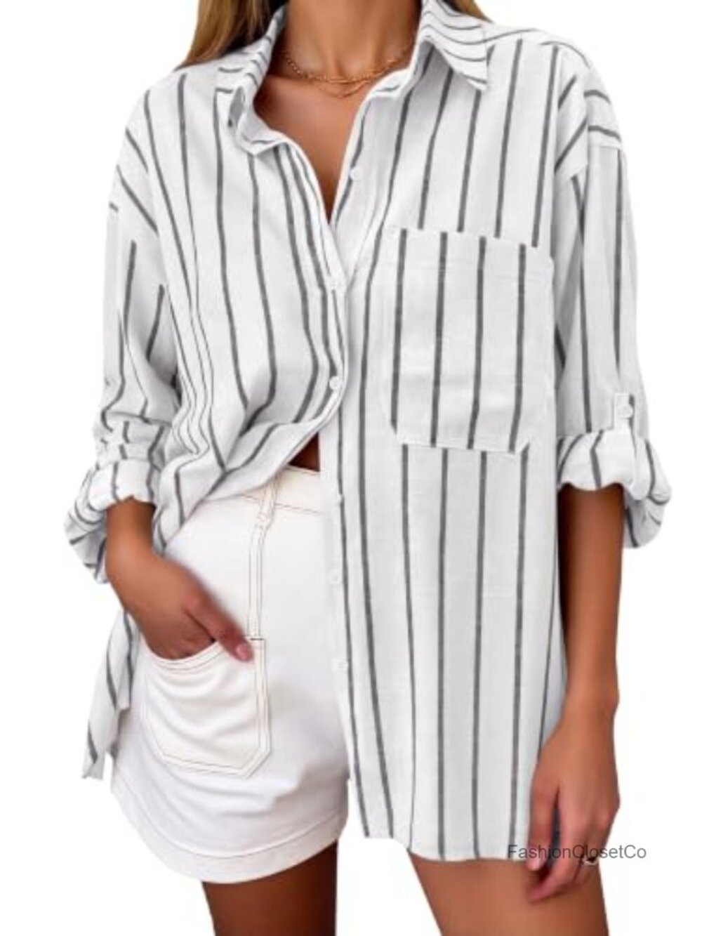 Womens Striped Long Sleeve Button Down Shirt Lapel Collar Casual Blouse Cotton